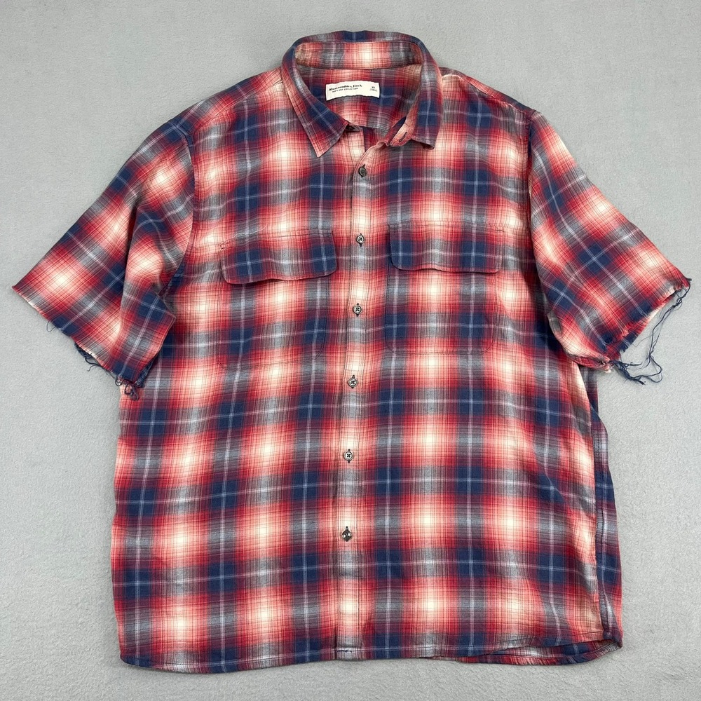 Abercrombie &‎ Fitch Mens XL Red Blue Plaid Short Sleeve Button Down Shirt Soft